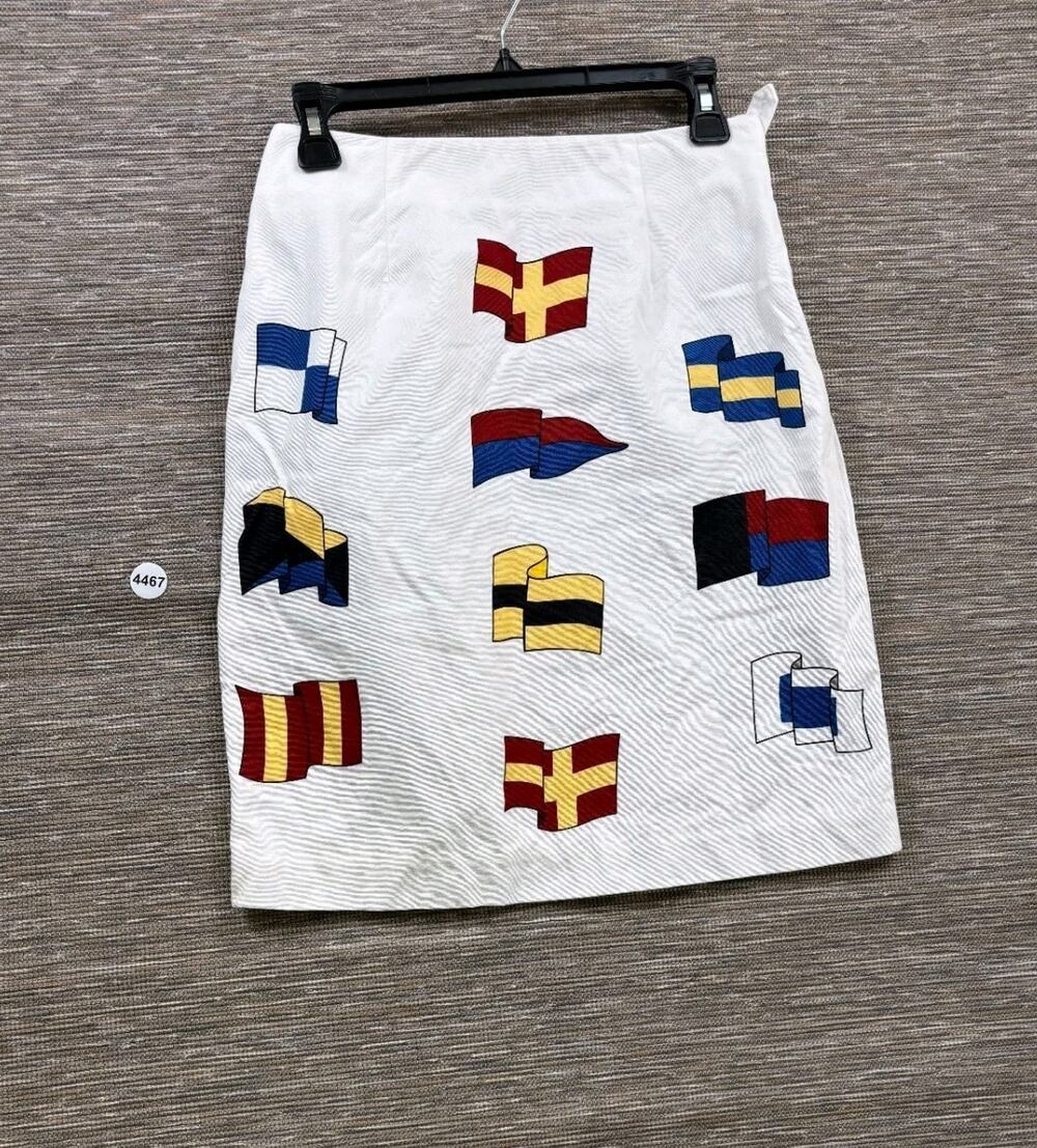 Vintage Talbots Straight Pencil Skirt Womens 4 White Nautical Flags Knee Length
